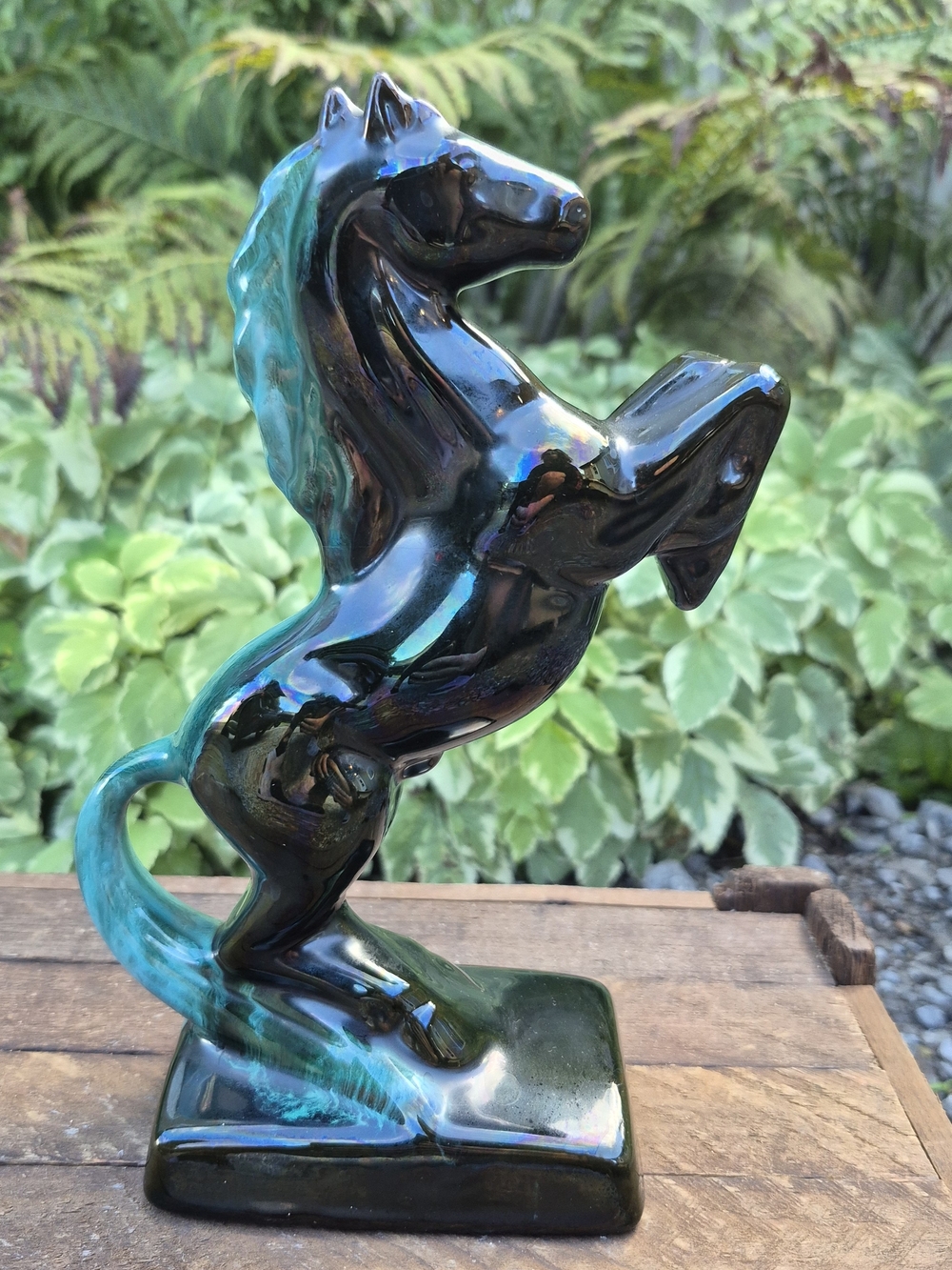 Vintage Blue Mountain Pottery Rearing Horse Figurine Green Drip Glaze MCM Canada